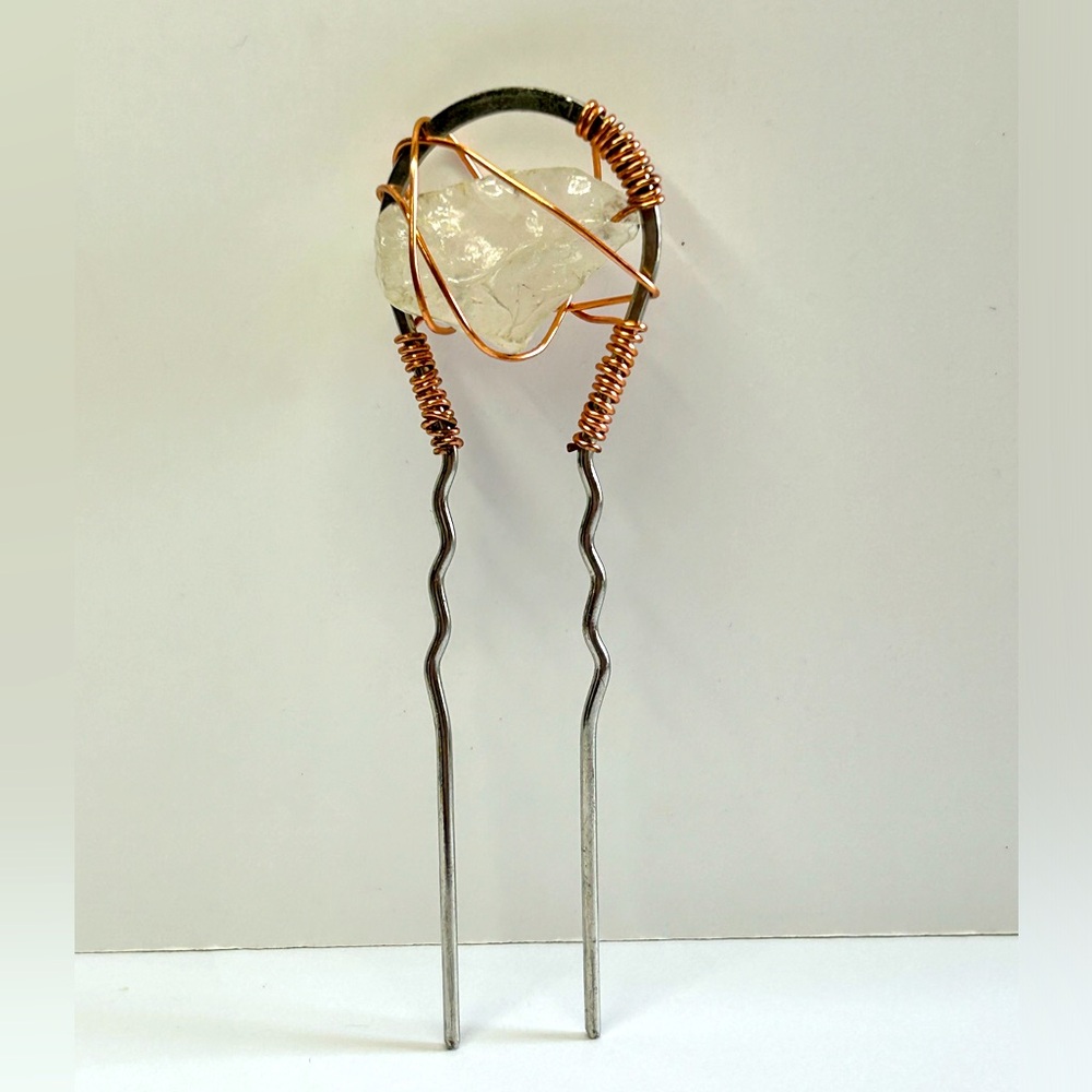 Artisan Boho Rose Quartz Crystal Hair Stick Comb CHIGNON handcrafted Copper